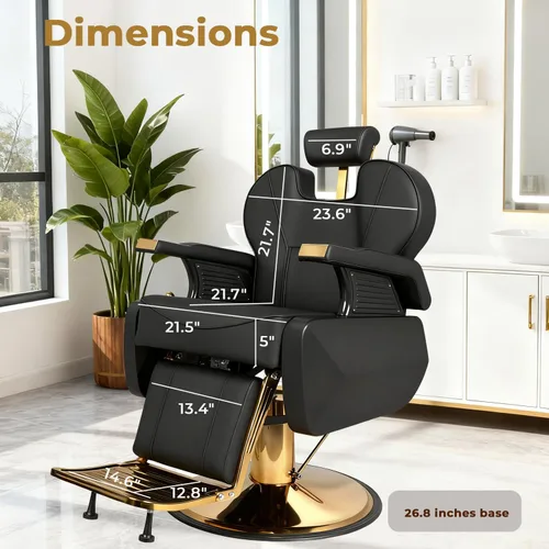 Vista 7 de Silla de peluquero profesional, silla hidráulica reclinable con diseño de cuero de doble puntada, silla giratoria de 360° ajustable
