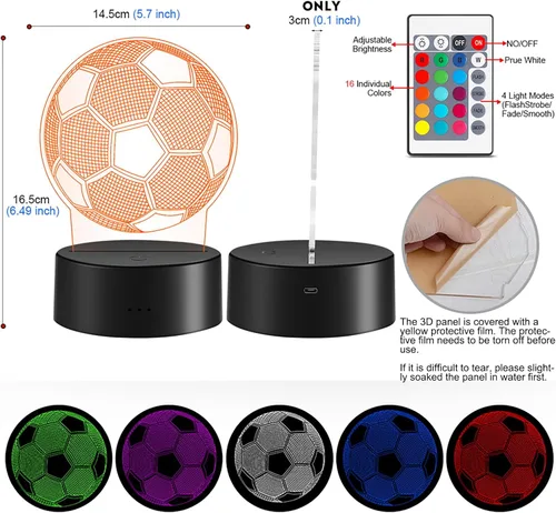 Vista 6 de OceanWings Soccer Gifts 3D Night Light for Boys 8-12, Christmas Stocking Stuffers for Teens Girls Optical Illusion Lamp Nightlight with Remote