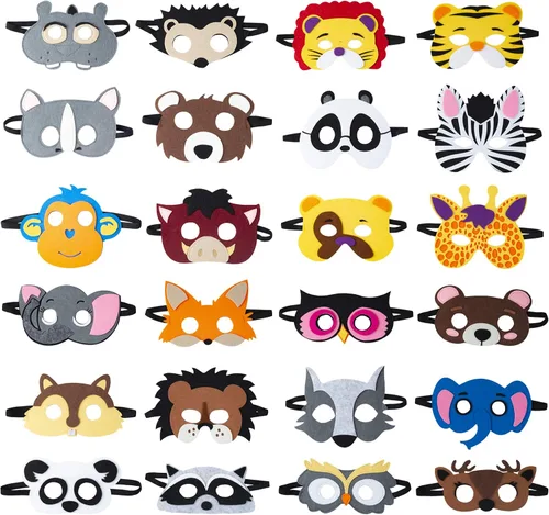 TEEHOME Máscaras de fieltro de animales para fiestas (24 paquetes) para niños, suministros de fiesta de safari con 24 tipos diferentes, gran idea