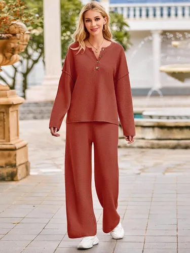 Vista 5 de MEROKEETY Conjunto de 2 piezas para mujer, de manga larga, con botones, suéter y pantalones, conjuntos de descanso