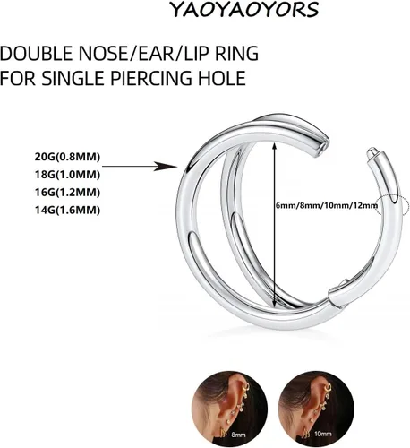 Vista 2 de Piercing de aro de nariz de acero inoxidable de 20G, 18G, 16G, 14G, septum, aro para la nariz, aro para tabique tripledoble sin costuras