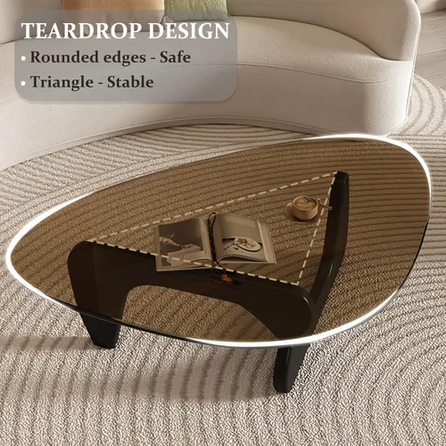 Vista 4 de Mesa auxiliar de cristal para sala de estar, mesa de vidrio templado, base de madera maciza, mesa ovalada pequeña, mesa de centro triangular única