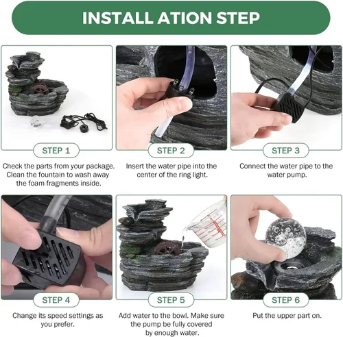 Vista 5 de Fuente de agua de mesa, cascada de meditación de resina ambiental, fuente de escritorio con rueda de agua, función de cascada interior con bola