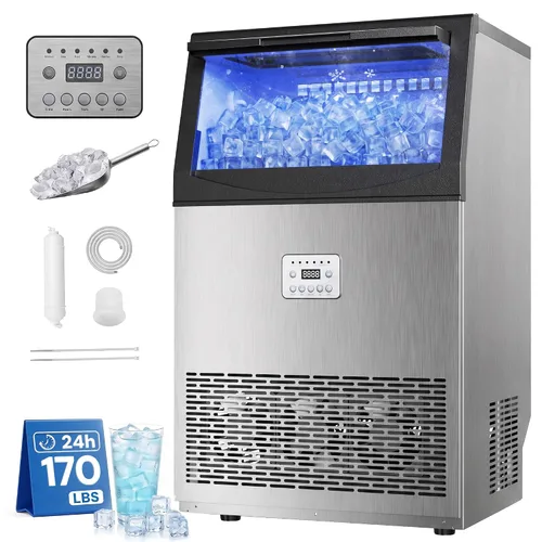 Uthfy Máquina de hielo comercial de 170 libras/24 horas, máquina de hielo debajo de la encimera, 50 cubos de hielo en 14 minutos, almacenamiento de