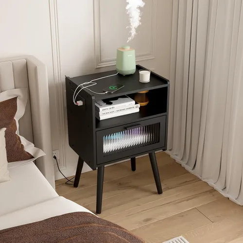 Vista 101 de Mesita de noche moderna de mediados de siglo con estación de carga, mesitas de noche con cajón de cristal, mesa auxiliar con espacio