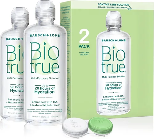 Biotrue Solución de contacto, solución multiusos con estuche para lentes, limpia, acondiciona, hidrata, desinfecta, elimina proteínas, suciedad y