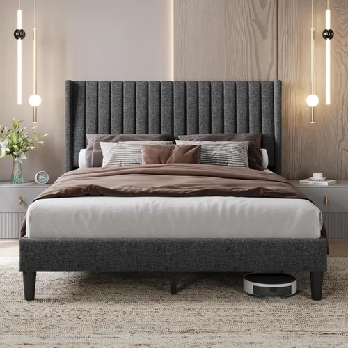 Vista 18 de Yaheetech - Base de cama tamaño queen con plataforma tapizada y cabecera de tela, diseño de borde ala, antideslizante y silenciosa, soporte de Negro