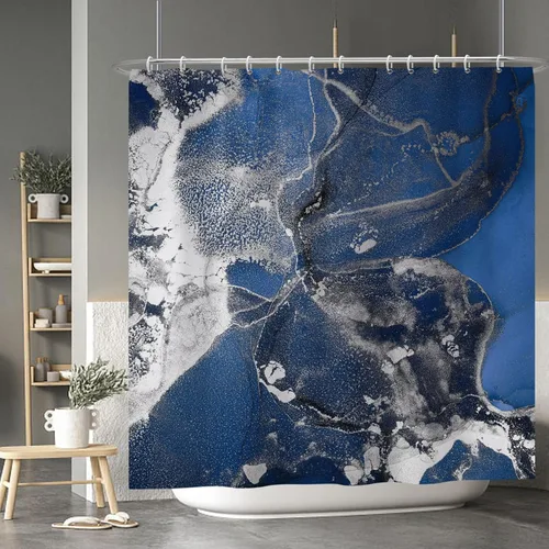 Vista 122 de Baocicco Cortina de ducha de mármol azul abstracto a rayas, decorativa, textura de lujo, línea moderna, decoración de acuarela, juego de cortinas