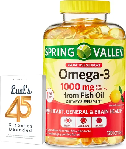 Omega-3 de aceite de pescado Heart General y Brain Health Suplemento dietético Softgels, 1000 mg, paquete de 120 unidades con 45 diabetes