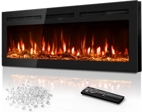 Tehanld Chimenea eléctrica de 50 pulgadas empotrada en la pared y montada en la pared, calentador lineal ultrafino de 750/1500 W con llama realista,