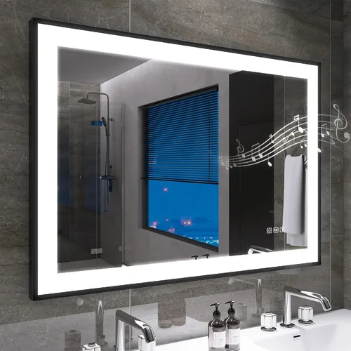 S·BAGNO - Espejo de baño LED de 40 x 28 pulgadas con marco negro, espejo LED para baño, altavoz Bluetooth integrado, brillo regulable, cambio de