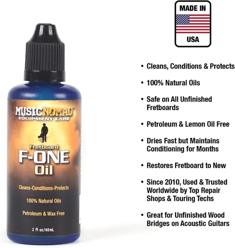 Vista 6 de MusicNomad F-ONE Kit de cuidado para diapasones sin acabado - Aceite, paño, cepillo (MN125)