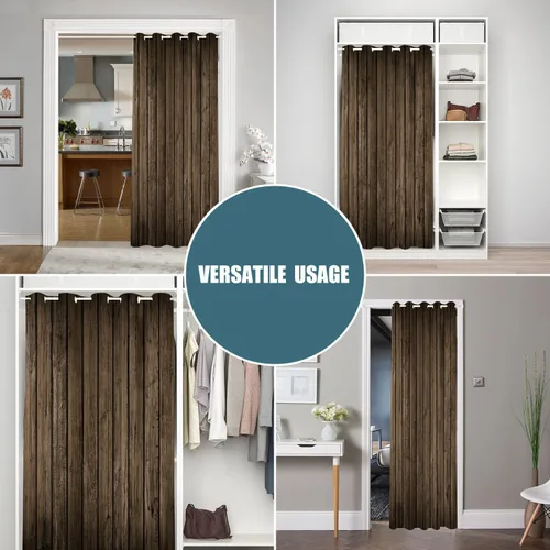 Vista 4 de Cortinas de puerta de panel de madera marrón para puertas, decoración de pared rústica de granja, cortina opaca para armario de dormitorio de niños