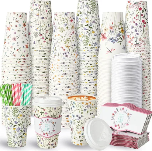 Jingmore 48 juegos de tazas de café de papel desechables de 16 onzas con tapas, fundas para pajitas, vasos de papel para bebidas frías calientes,