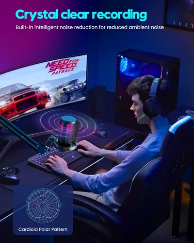 Vista 7 de Micrófono para juegos, micrófono USB para PC para podcasts, transmisión, micrófono de condensador con silencio rápido, soporte para trípode, filtro