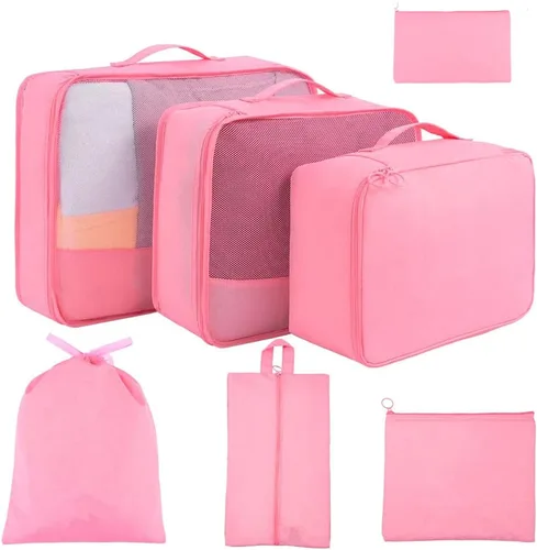 Juego de 7 cubos de embalaje para viajes organizadores de equipaje con bolsa de zapatos y bolsa de aseo rosa