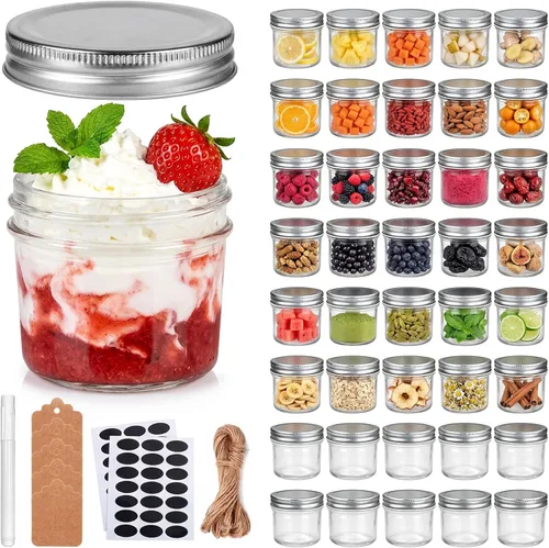 Vista 11 de QAPPDA 40 paquetes de tarros de vidrio de 4 onzas con tapas (negro) - tarros de vidrio transparente pequeños tarros de especias para miel