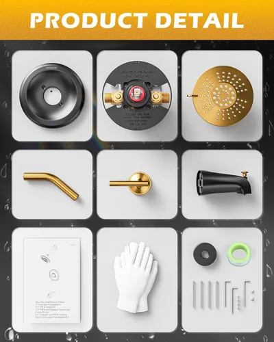 Vista 8 de Juego de grifería de ducha con válvula, WOWOW Kit de molduras de ducha con cabezal de ducha de lluvia de 6 pulgadas y caño de bañera, Combo de ducha