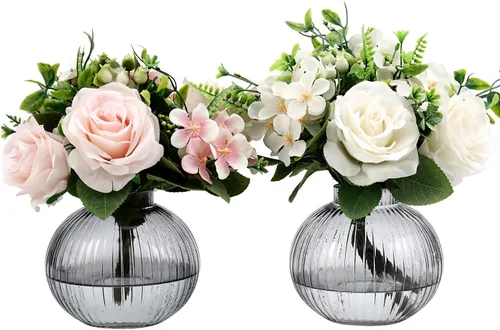 Vista 56 de Jarrones de vidrio acanalado, juego de 2 jarrones estriados para flores, florero de vidrio ámbar para tulipanes, jarrón moderno para sala de estar