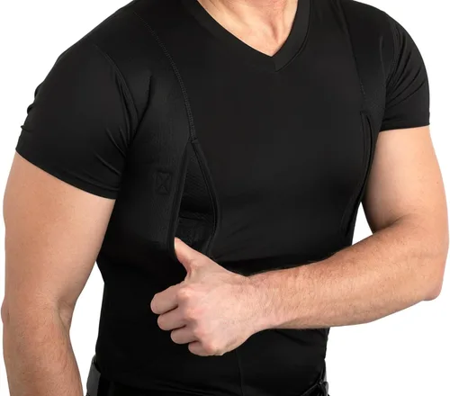Vista 2 de Camisa de transporte oculta Bolsillo seguro de velcro con gran almacenamiento Cuello en V para hombre