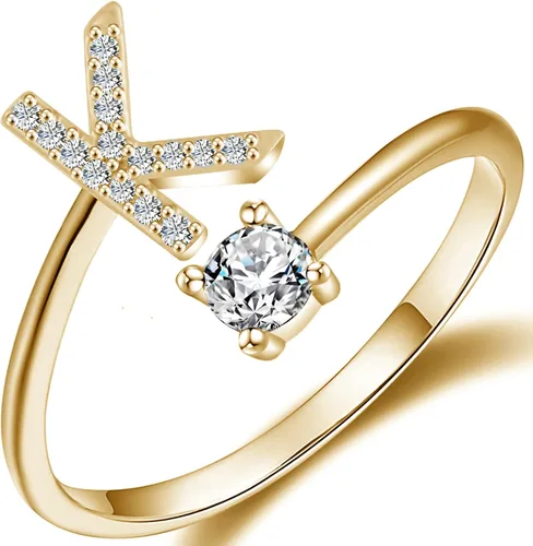 Haoze Anillo de letra inicial para mujeres y niñas, anillos apilables dorados del alfabeto con inicial de cristal ajustable incrustada inicial,