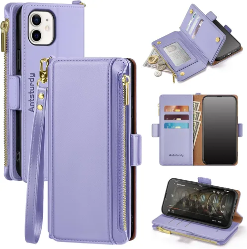 Vista 21 de Antsturdy Funda tipo cartera compatible con iPhone 12 Mini, funda de piel sintética con bloqueo RFID, funda para teléfono para mujeres y hombres