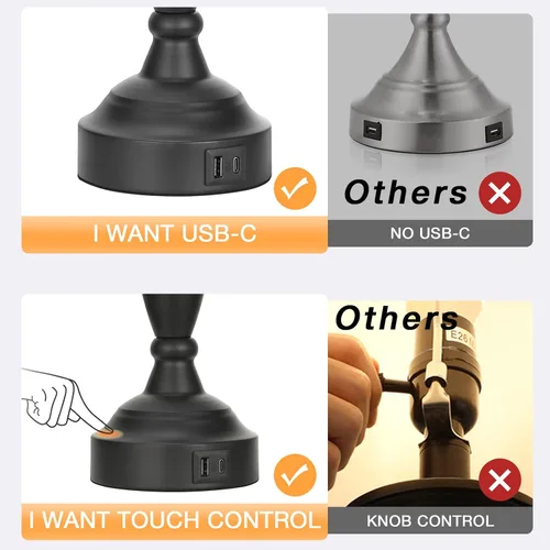 Vista 6 de Seealle Juego de 2 lámparas blancas para dormitorio, lámpara de noche de control táctil con USB C+A, lámparas de mesita de noche regulables de 3