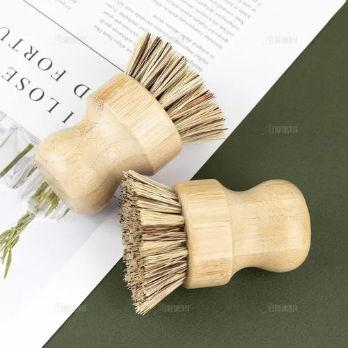Vista 6 de AUEAR, Cepillo de bambú natural para fregar platos, cepillos de limpieza para ollas, cerdas de coco para sartenes de hierro fundido (paquete de 4)