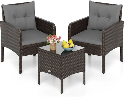 Vista 10 de Tangkula Juego de 3 piezas de muebles de patio de mimbre PE, juego de conversación de bistró al aire libre con cojines y mesa de centro de vidrio