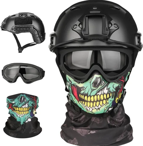 Vista 25 de Casco y máscara de Airsoft, máscara de cara completa con gafas desmontables, casco negro de paintball con soporte NVG y riel lateral, equipo táctico