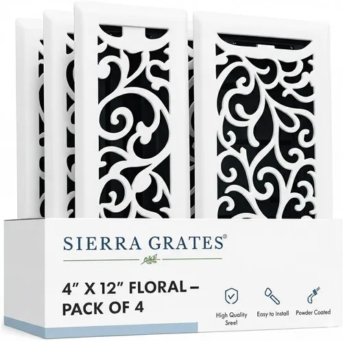 Vista 8 de Registro de piso de acero con diseño floral de 4 x 10 pulgadas en acabado blanco glaciar para piso, cubiertas decorativas de ventilación de aire