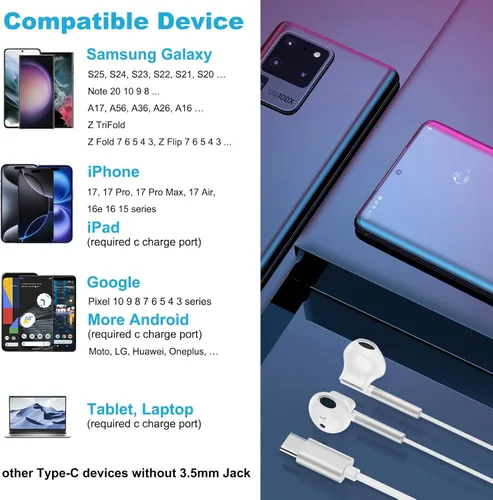 Vista 6 de Z Flip 7 FE 6 5 Auriculares con cable para Samsung Galaxy Z Fold 7 6 5 4 3 2 5G, Z Trifold, Tri Fold, Auriculares con cable USB C para A17 A56 A36