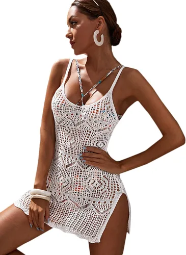 Vista 4 de SOLY HUX Traje de baño de playa con tirantes delgados y dobladillo dividido para mujer Blanco