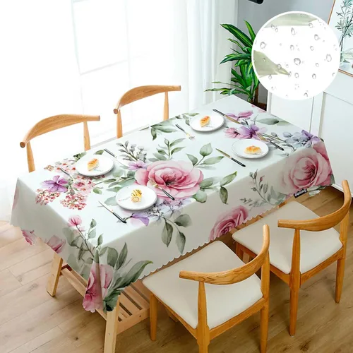 Vista 3 de Swono Mantel rectangular con diseño de rosas y hojas de rosas, mantel oblongo, de 52 x 70 pulgadas, para mesa de comedor, bufé, fiestas, patio