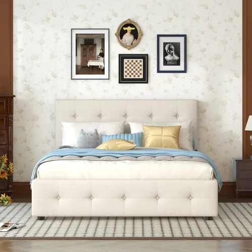 Vista 3 de Base de cama Queen con nido y 2 cajones de almacenamiento, cama de plataforma tapizada de lino con cabecera capitoné, camas tamaño Queen con cama