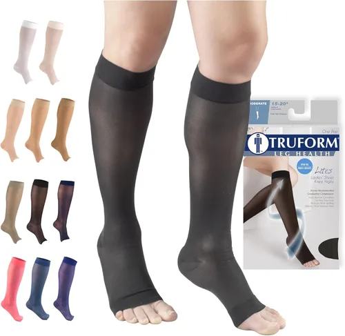 Vista 16 de Truform Medias de compresión transparentes, 15-20 mmHg, longitud hasta la rodilla para mujer, punta abierta, 20 denier, beige, talla S
