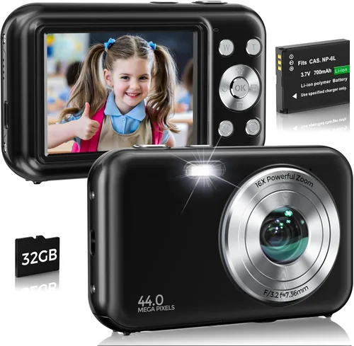Cámara digital, FHD 1080P 44MP Cámara de vlogging con tarjeta de 32 GB, zoom 16X antivibración, cámara digital compacta de punto de viaje y disparo