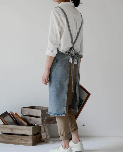 Vista 5 de NEWGEM Delantal de mezclilla de algodón con bolsillos para mujer, cocina, cocina, jardinería, pintura