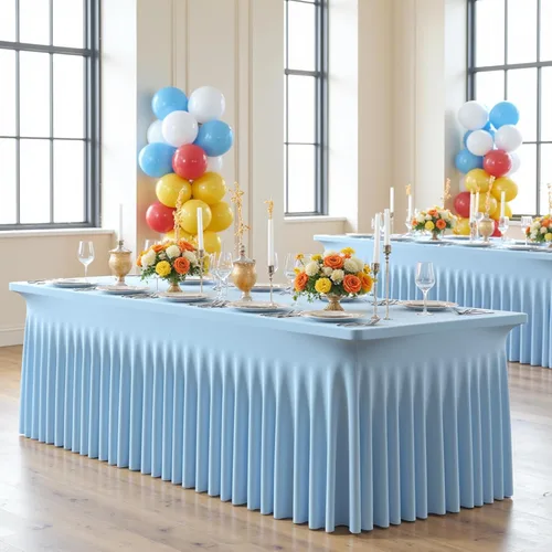 Vista 4 de Paquete de 2 manteles de elastano azul bebé para mesas rectangulares de 6 pies, manteles elásticos de 6 pies, falda de escritorio para fiestas