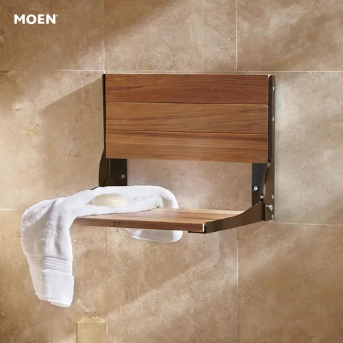 Vista 2 de Moen Home Care - Silla de Ducha de Seguridad para Baño para Ancianos y Discapacitados, Banco de Ducha Plegable de Teca y Aluminio Bronce