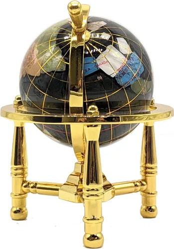 Vista 2 de Unique Art Since 1996 Mini globo de piedra preciosa de 6 pulgadas de alto con trípode y soporte de aleación de zinc (negro perla dorada)