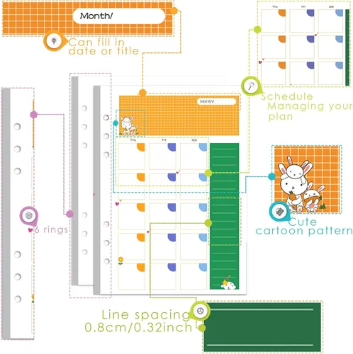 Vista 2 de Insertos para agenda Rancco A5, recambios mensuales para planificador, 90 páginas, papel de recambio para carpeta mensual de hojas sueltas con 6