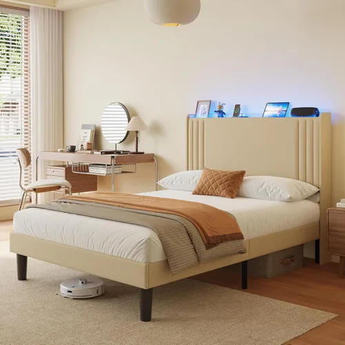 Vista 71 de Gizoon Base de cama matrimonial con cabecera de ala, plataforma tapizada con cabecera geométrica moderna, listones de madera, sin ruido, no necesita
