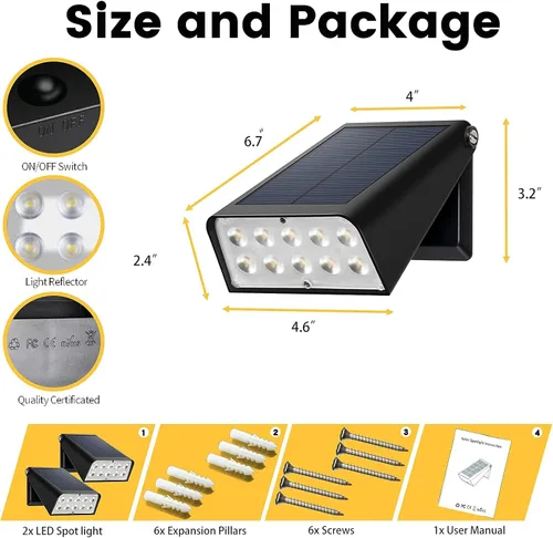 Vista 2 de Lámpara de pared para patio alimentada por energía solar, luces de terraza del atardecer al amanecer, 2 modos de rotación de 90°, luces de seguridad
