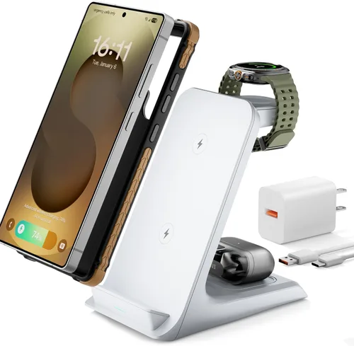 Vista 9 de Estación de carga 3 en 1 para Samsung para fundas gruesas de 0.394 in/Otterbox/resistente, cargador inalámbrico para Samsung Galaxy S26 Negro