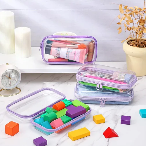 Vista 5 de Hoolerry 4 piezas de estuches rígidos transparentes con cremallera, bolsas de maquillaje, estuche de lápices de plástico, contenedores de caja