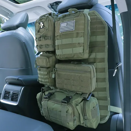 Vista 11 de Organizador táctico universal para respaldo de asiento, panel Molle para vehículo, bolsa de almacenamiento con 5 bolsas Molle desmontables