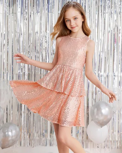 Vista 2 de Danna Belle Vestido de lentejuelas para niñas, sin mangas, para fiesta, cumpleaños, vestidos de doble capa, 6-14