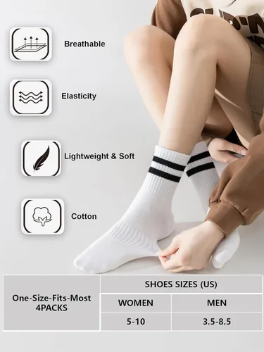 Vista 3 de YUWELL Calcetines crew a rayas para mujer, calcetines casuales de algodón cómodos para mujer, 4 pares, talla 5-10