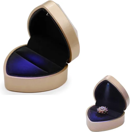 Caja del anillo, caja de joyería del anillo de boda del terciopelo de la forma del corazón con la luz LED para el compromiso de la propuesta, champán